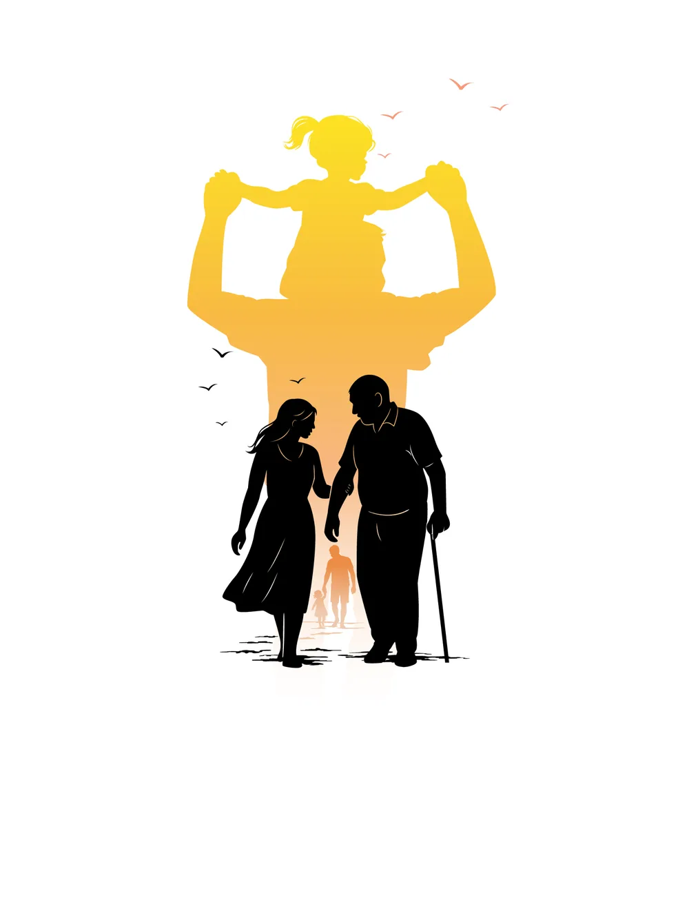 Illustration of a family across generations walking together under a golden silhouette