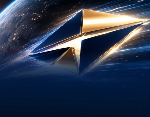 3D navy blue and gold geometric logo floating above a glowing Earth at night