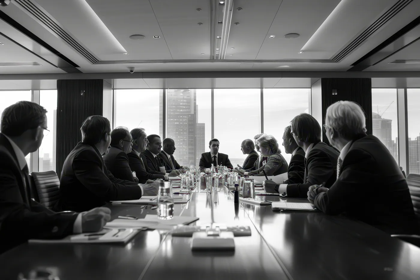 Black and white photo of executives in a board meeting at a long table with a city view