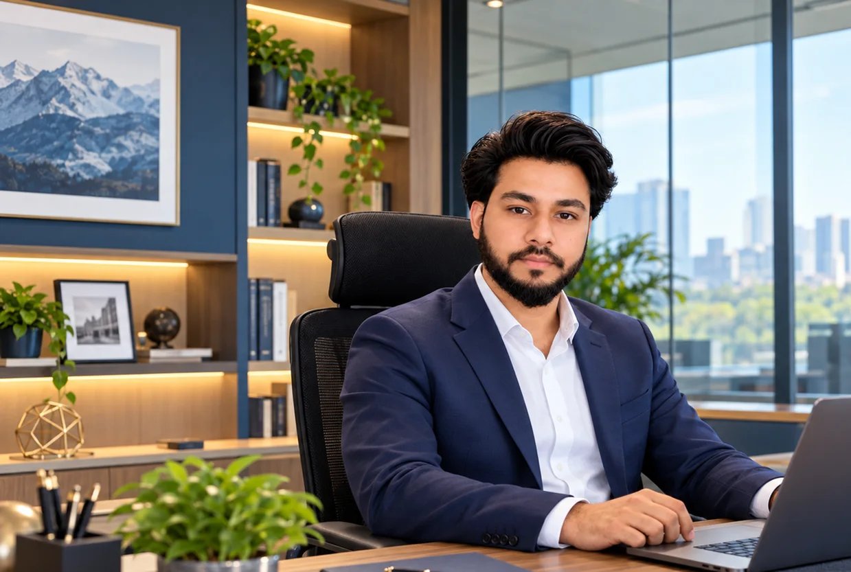 Faiz Ahmad, Chief Executive Officer, seated at his desk in an office with a city view