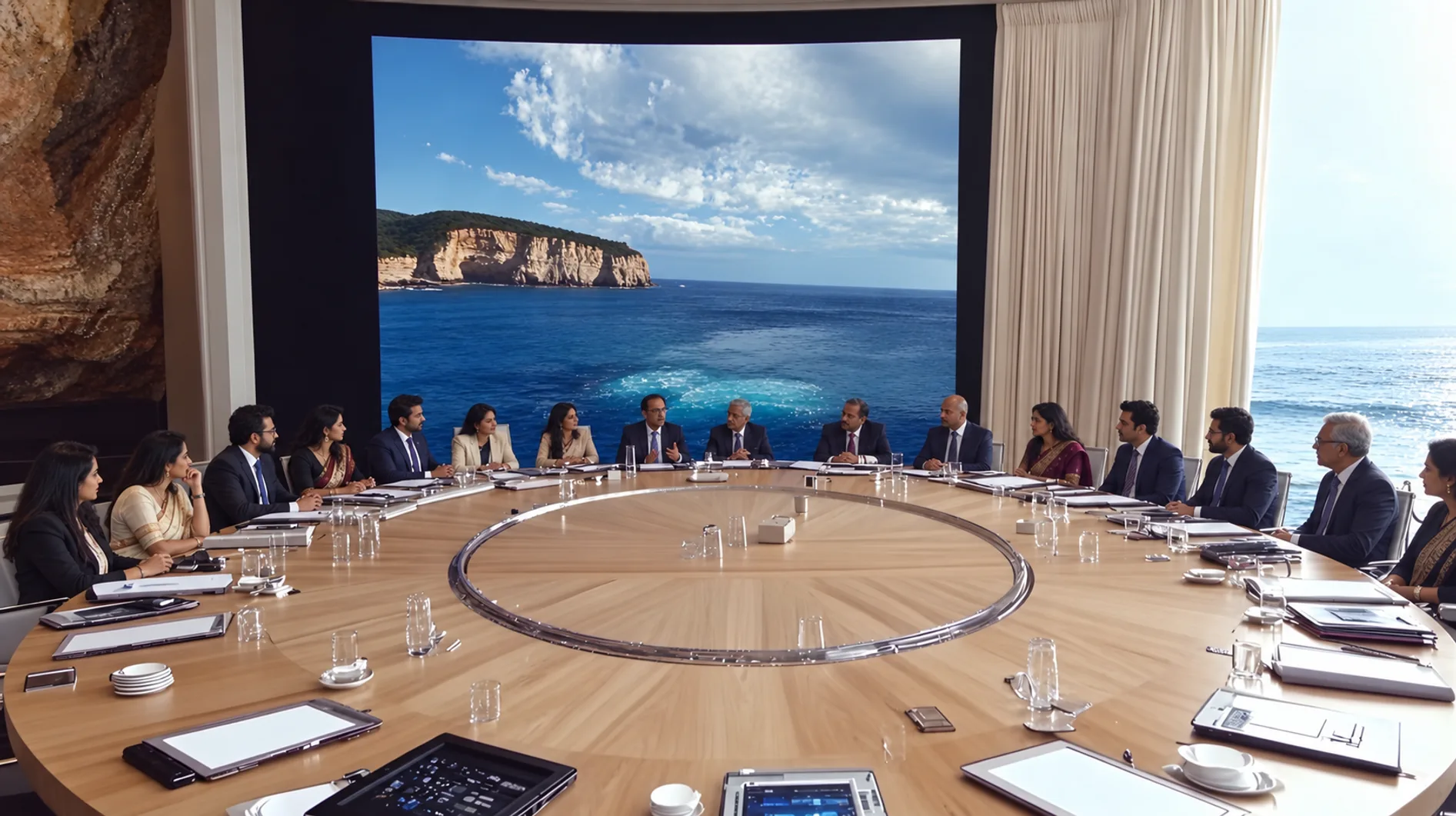 Board members in business attire seated around a round table in a boardroom overlooking the sea
