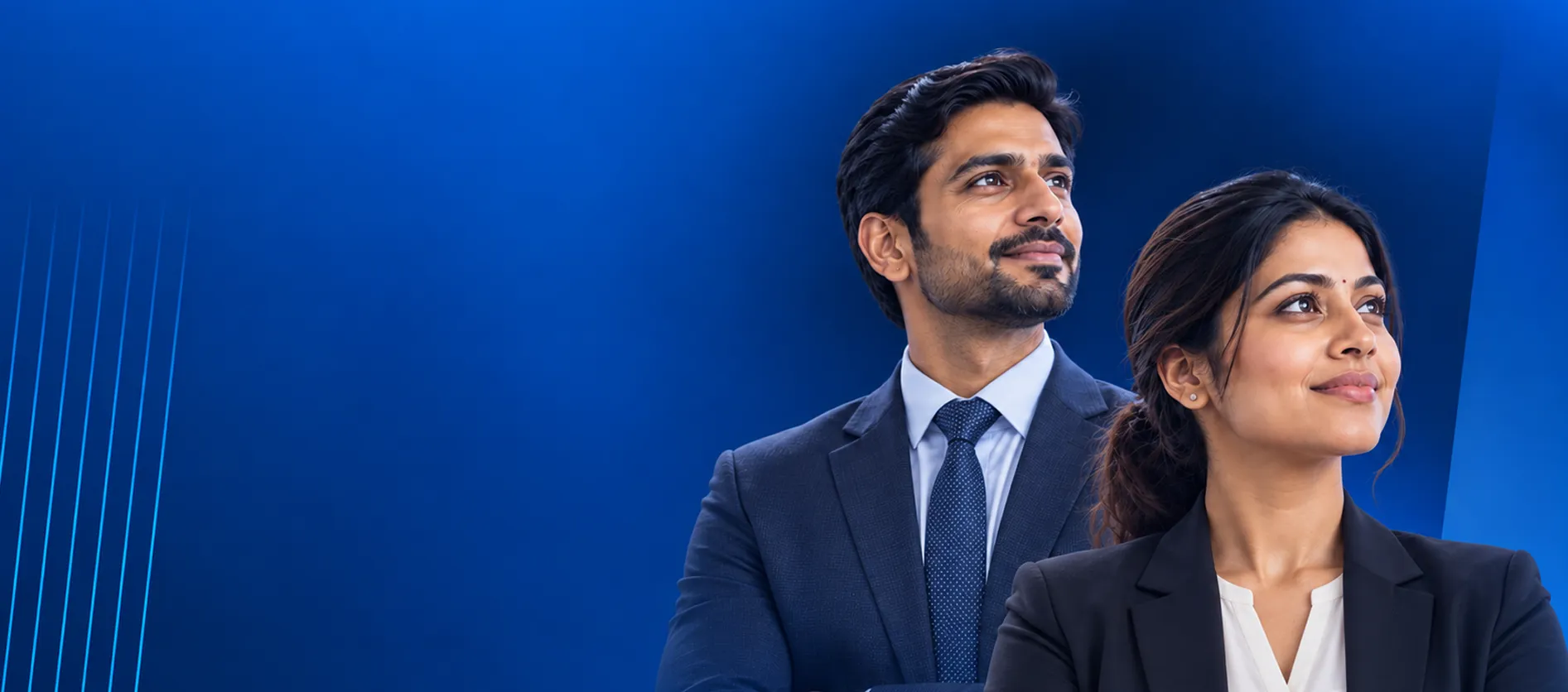 Two professionals in business suits looking ahead against a blue background