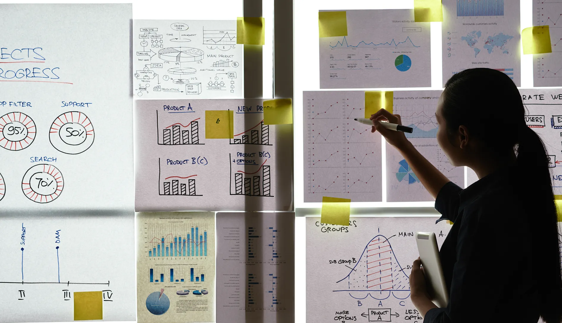 Woman sketching on a wall of business charts, sticky notes and product plans