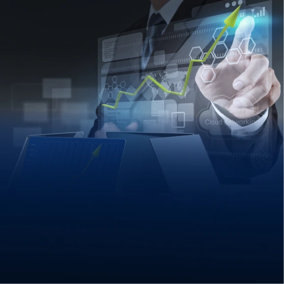 Businessman pointing at a glowing digital growth chart on a touchscreen interface