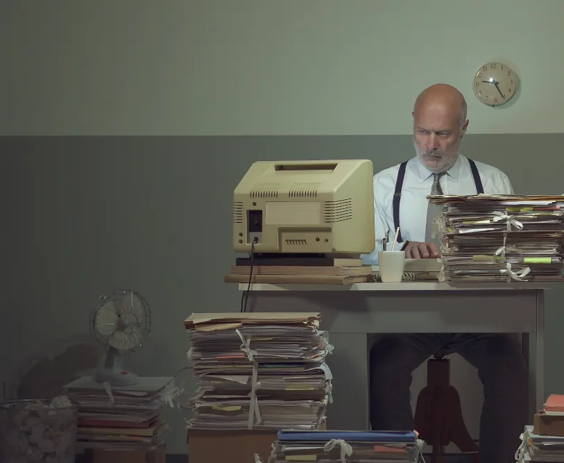 Office worker at an old computer surrounded by stacks of paper files