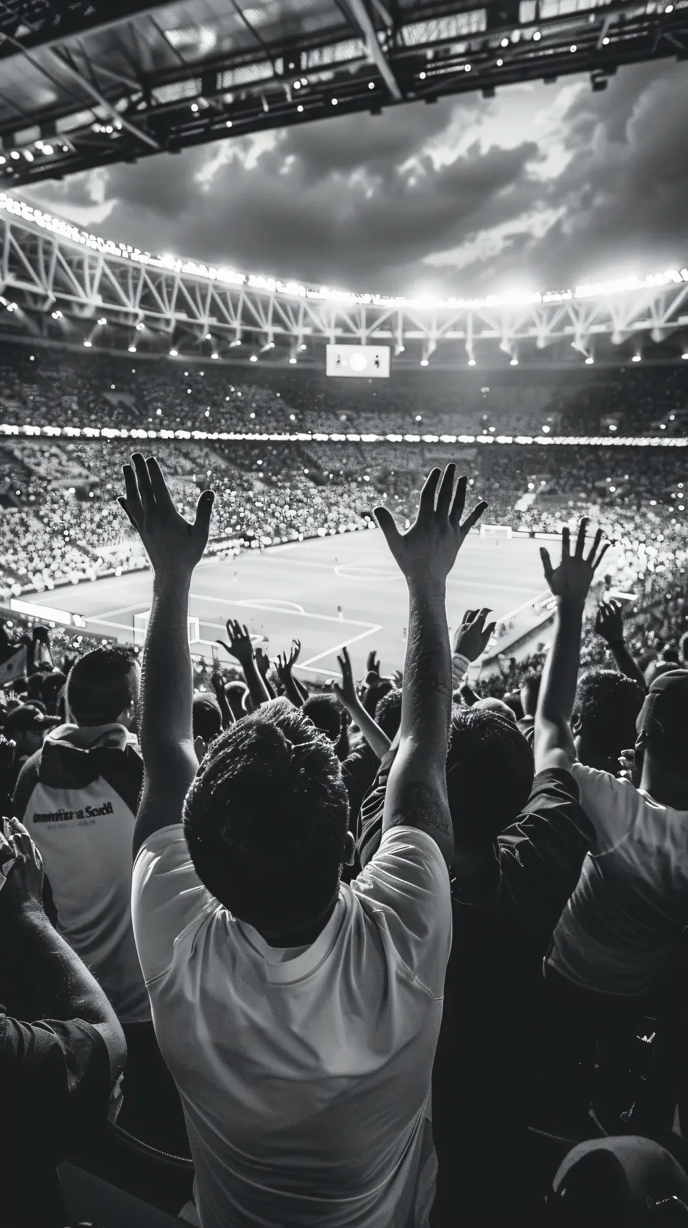Black and white photo of cheering fans with raised arms in a football stadium