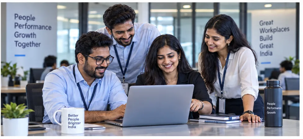 Four colleagues smiling together over a laptop in an office