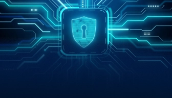 Glowing cyan security shield with keyhole on a dark blue digital circuit background