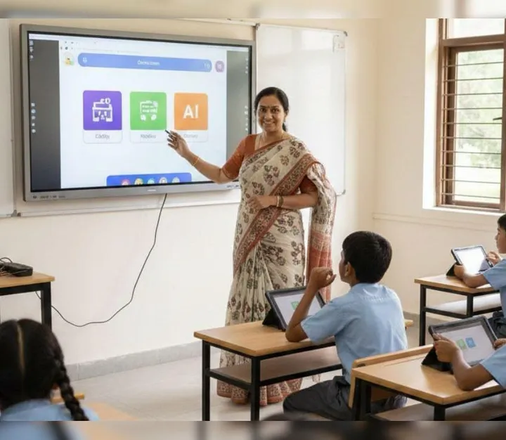 Teacher using an interactive screen with AI tools in a classroom