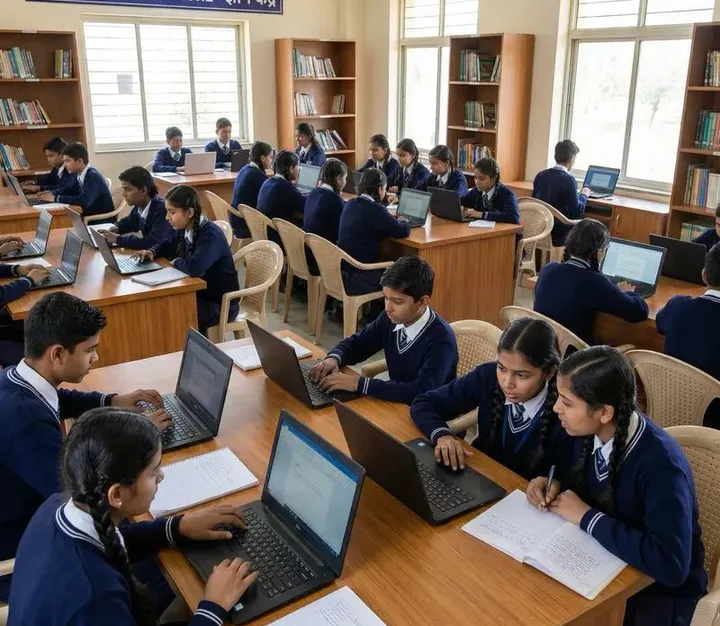 Students in uniform working on laptops in a school library