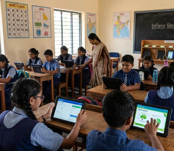 Teacher walking between students using tablets in a classroom