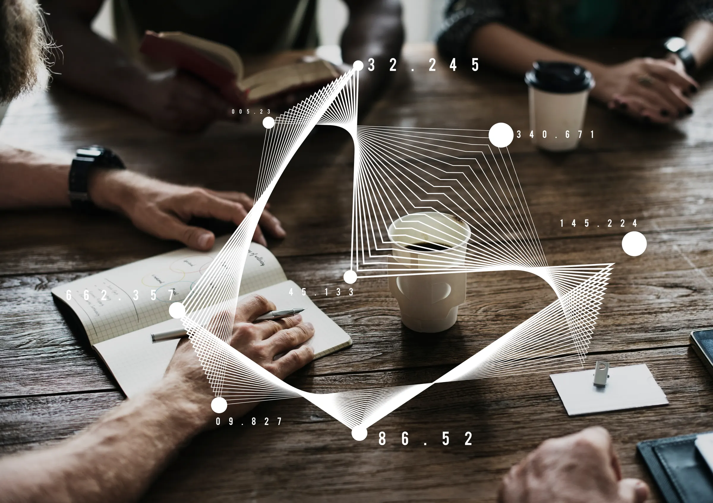 Hand resting on an open notebook beside a coffee cup on a wooden desk, overlaid with white network lines
