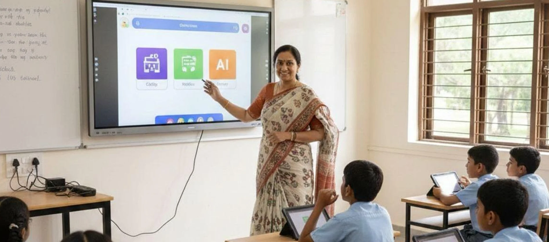 Teacher in a sari pointing to AI learning apps on a classroom smart screen while students use tablets