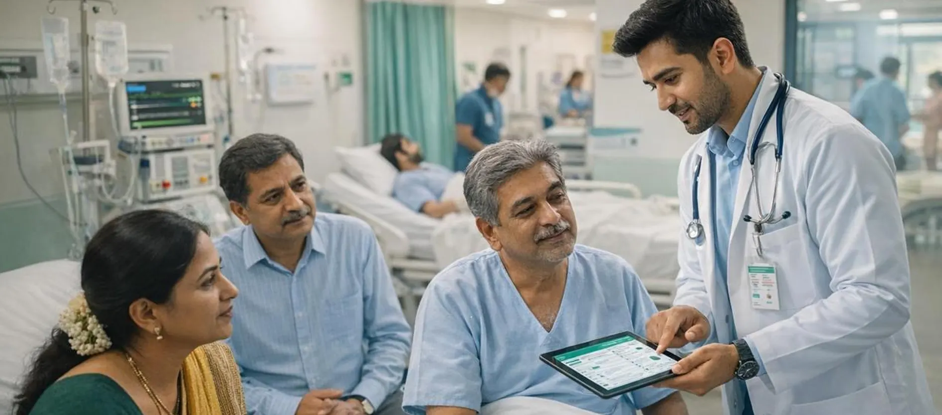 Doctor showing discharge details on a tablet to a patient and his family beside a hospital bed
