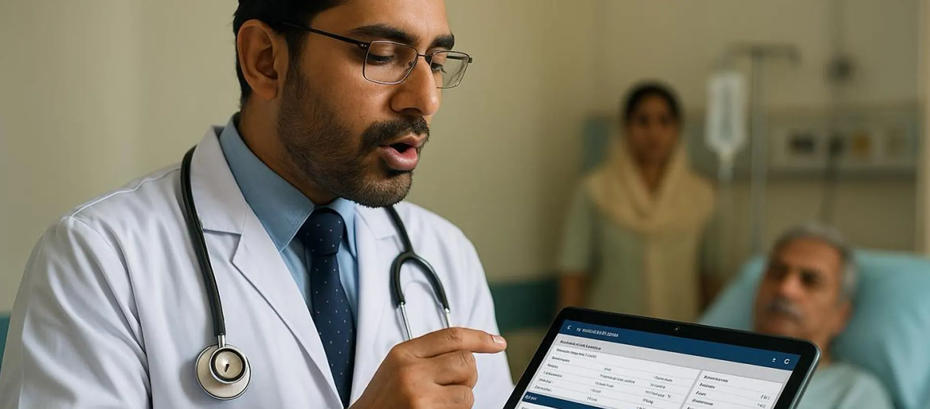 Doctor reading patient information on a tablet beside a patient’s hospital bed