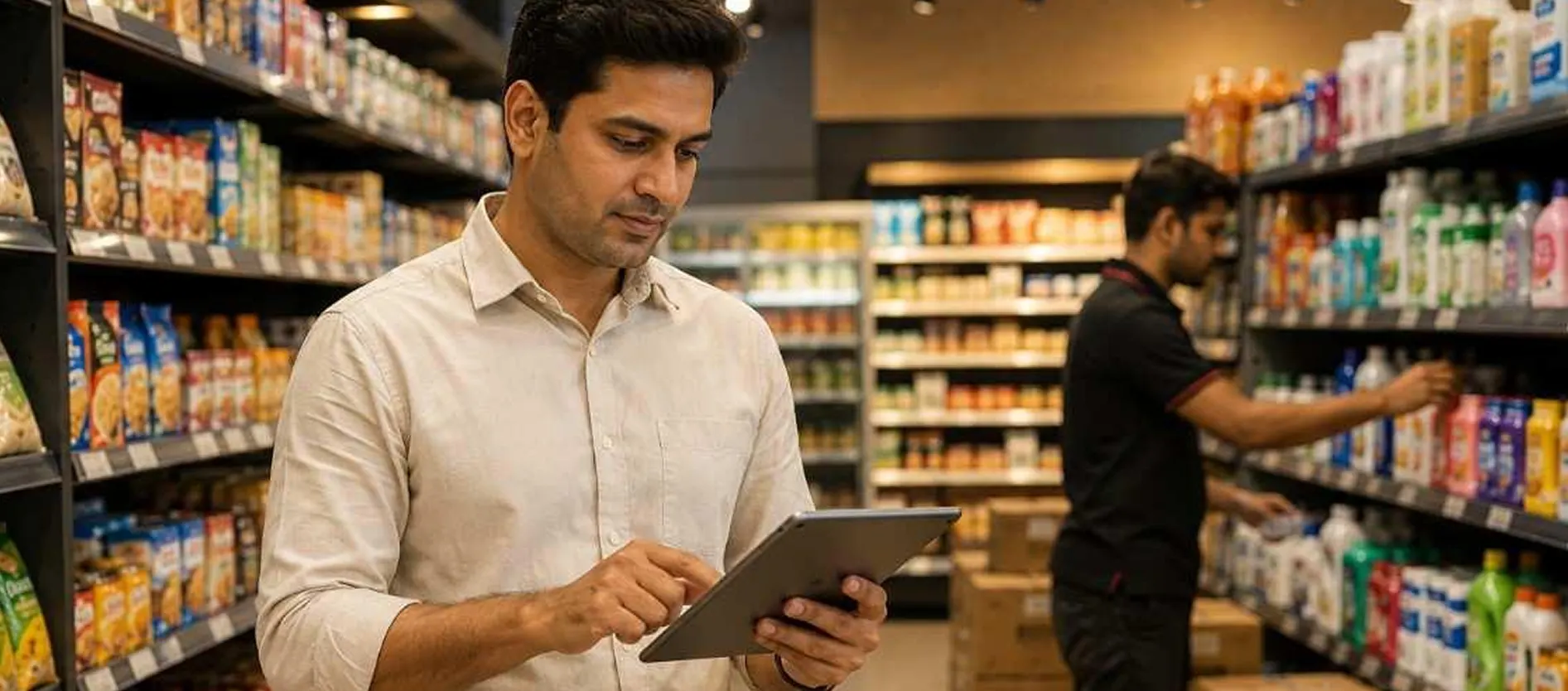 Store manager checking stock on a tablet in a supermarket aisle while a colleague restocks shelves