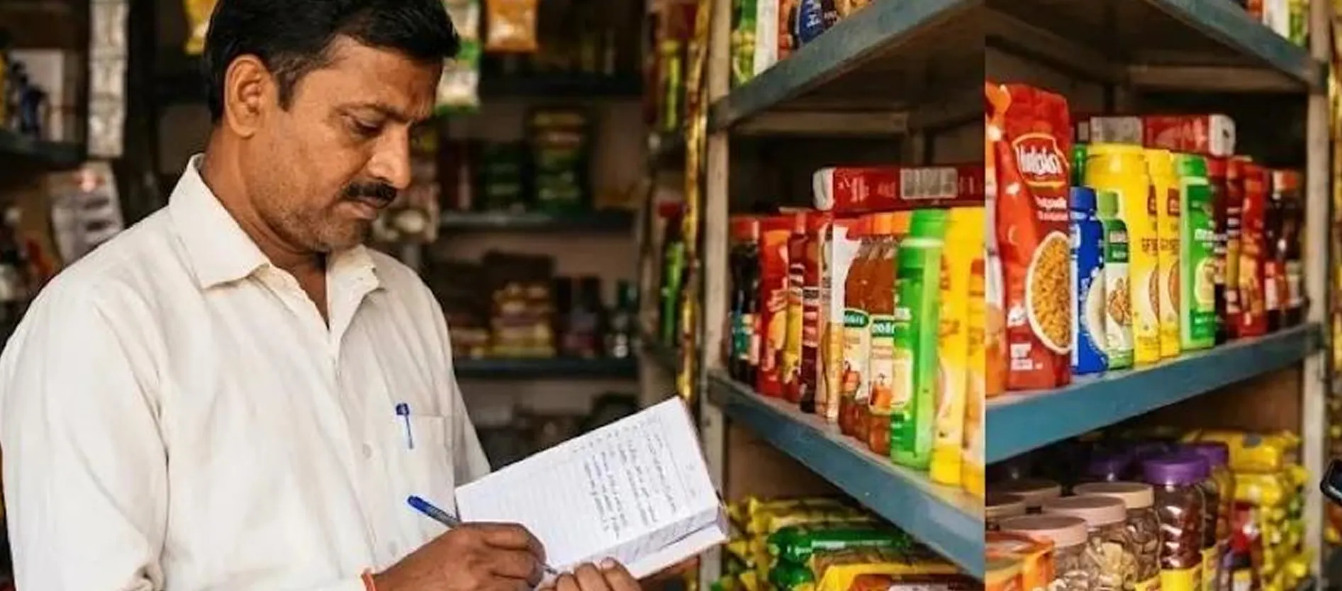 Shopkeeper writing in a notebook beside shelves of packaged groceries in a small neighbourhood store
