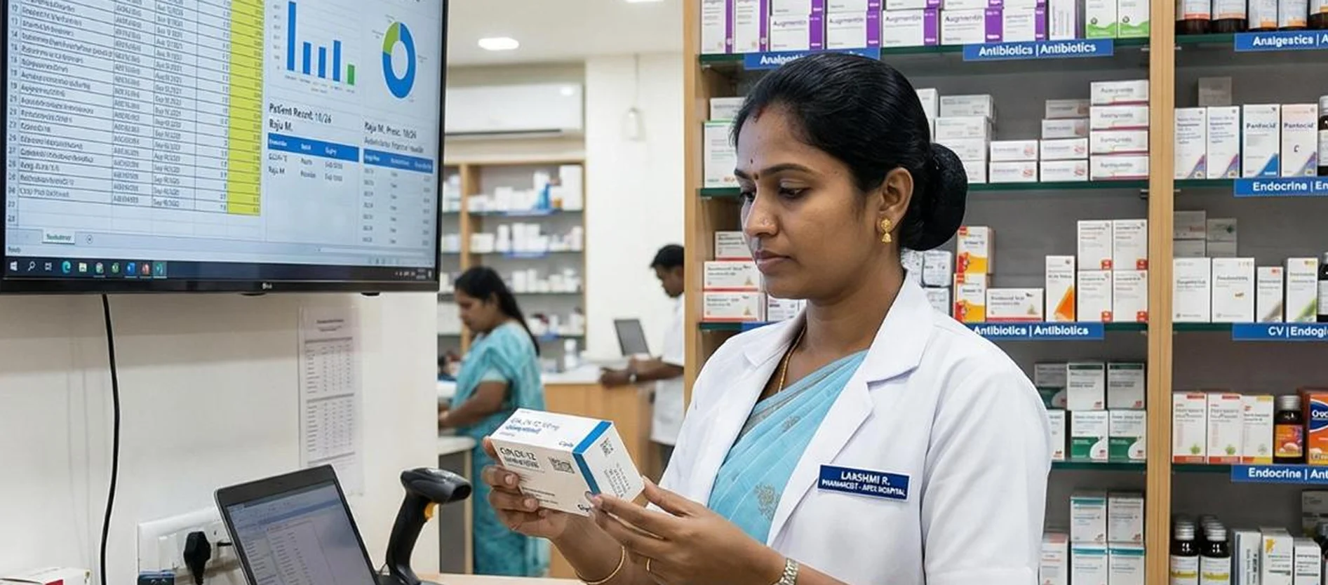 Pharmacist in a white coat checking a medicine box beside a stock dashboard in a hospital pharmacy