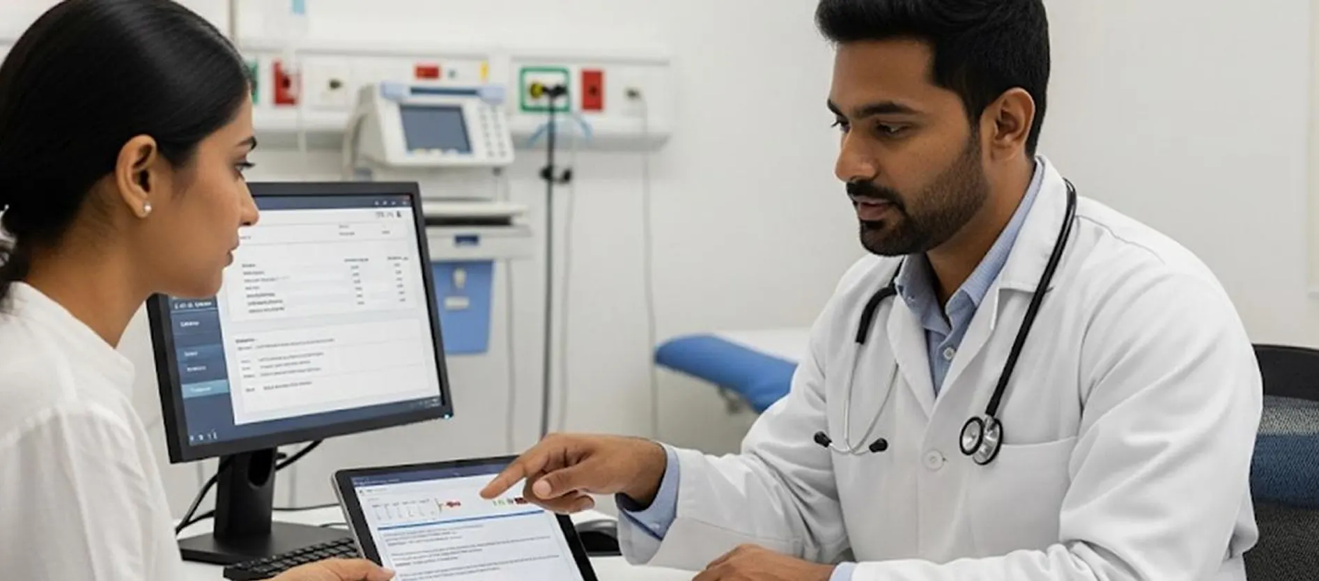 Doctor pointing at a tablet while a colleague reviews patient records on a desktop computer in a clinic
