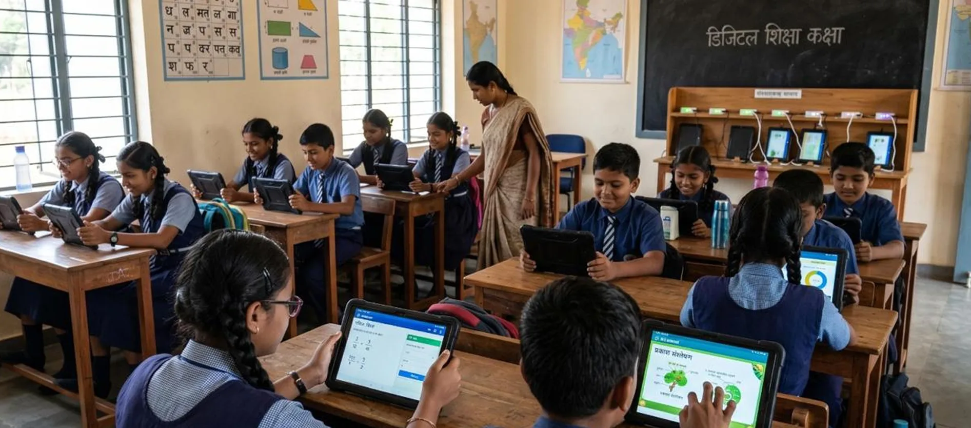 Teacher walking between students using tablets at their desks in a classroom