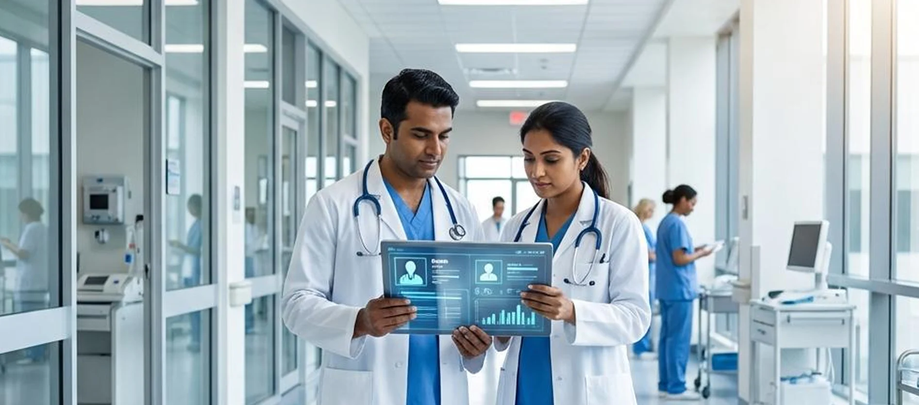 Two doctors in white coats reviewing patient results on a digital tablet in a hospital corridor