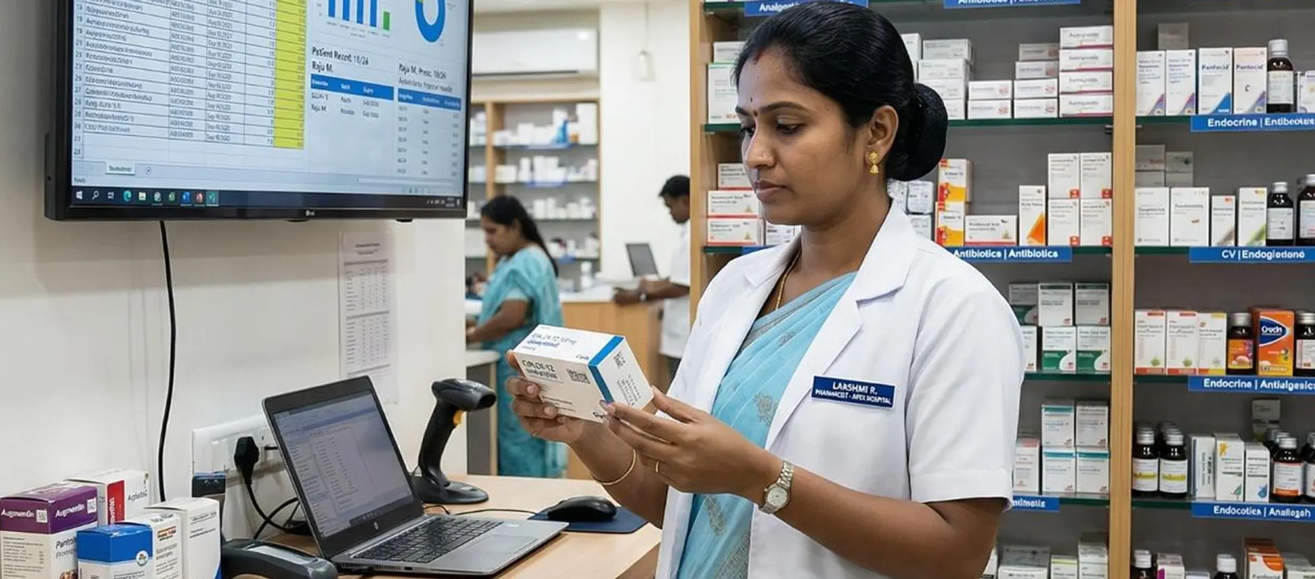 Hospital pharmacist checking a medicine box in front of stocked pharmacy shelves and a stock dashboard