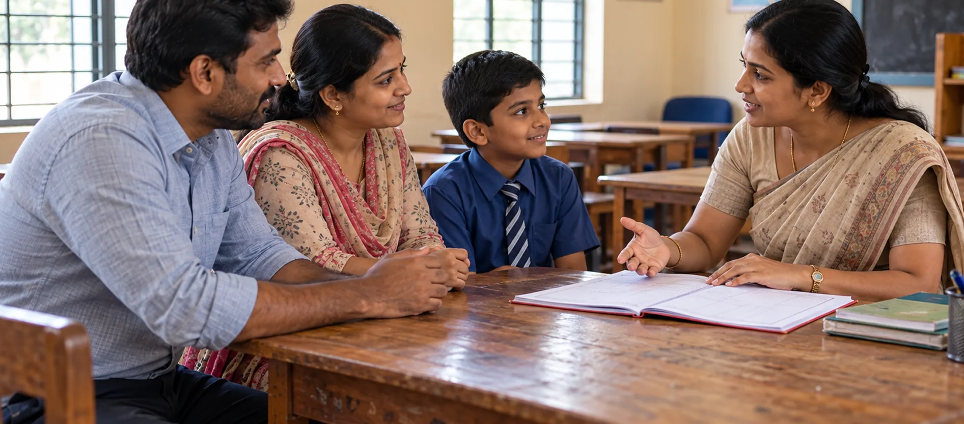 Parents and their son talking with a teacher over a progress register at a classroom desk