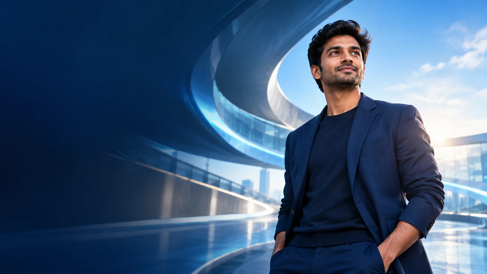 Smiling professional in a navy blazer standing in front of a curved modern glass building under a blue sky