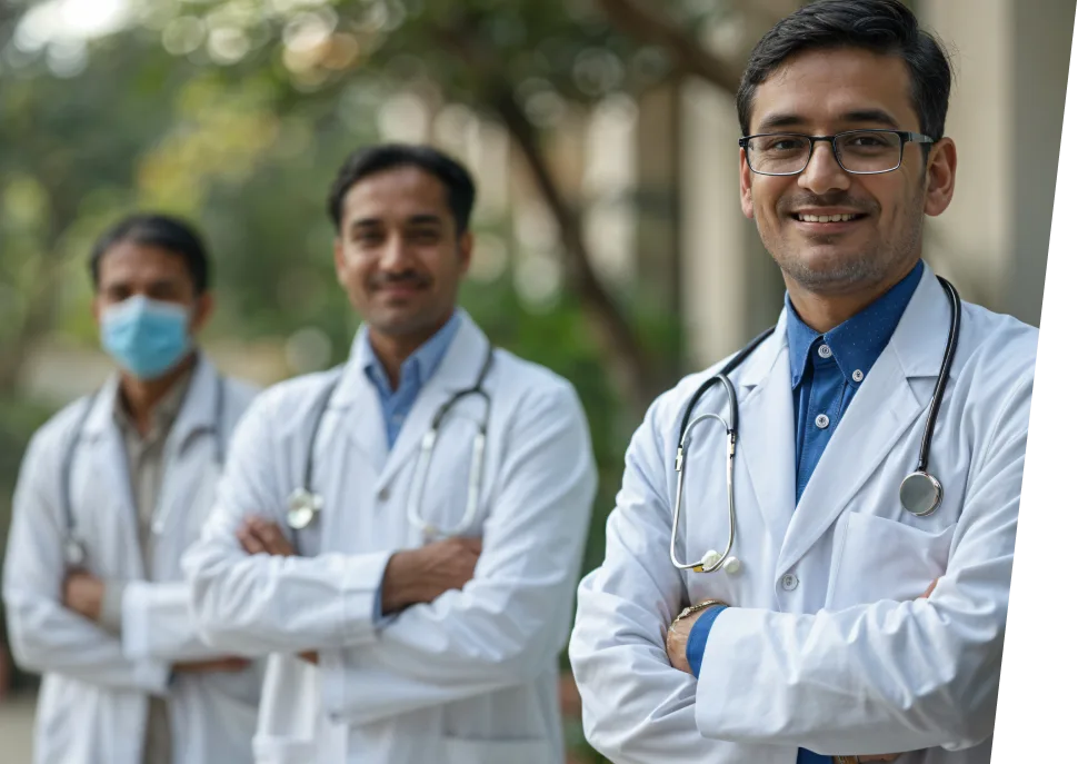 Three smiling doctors in white coats standing with arms crossed outside a hospital