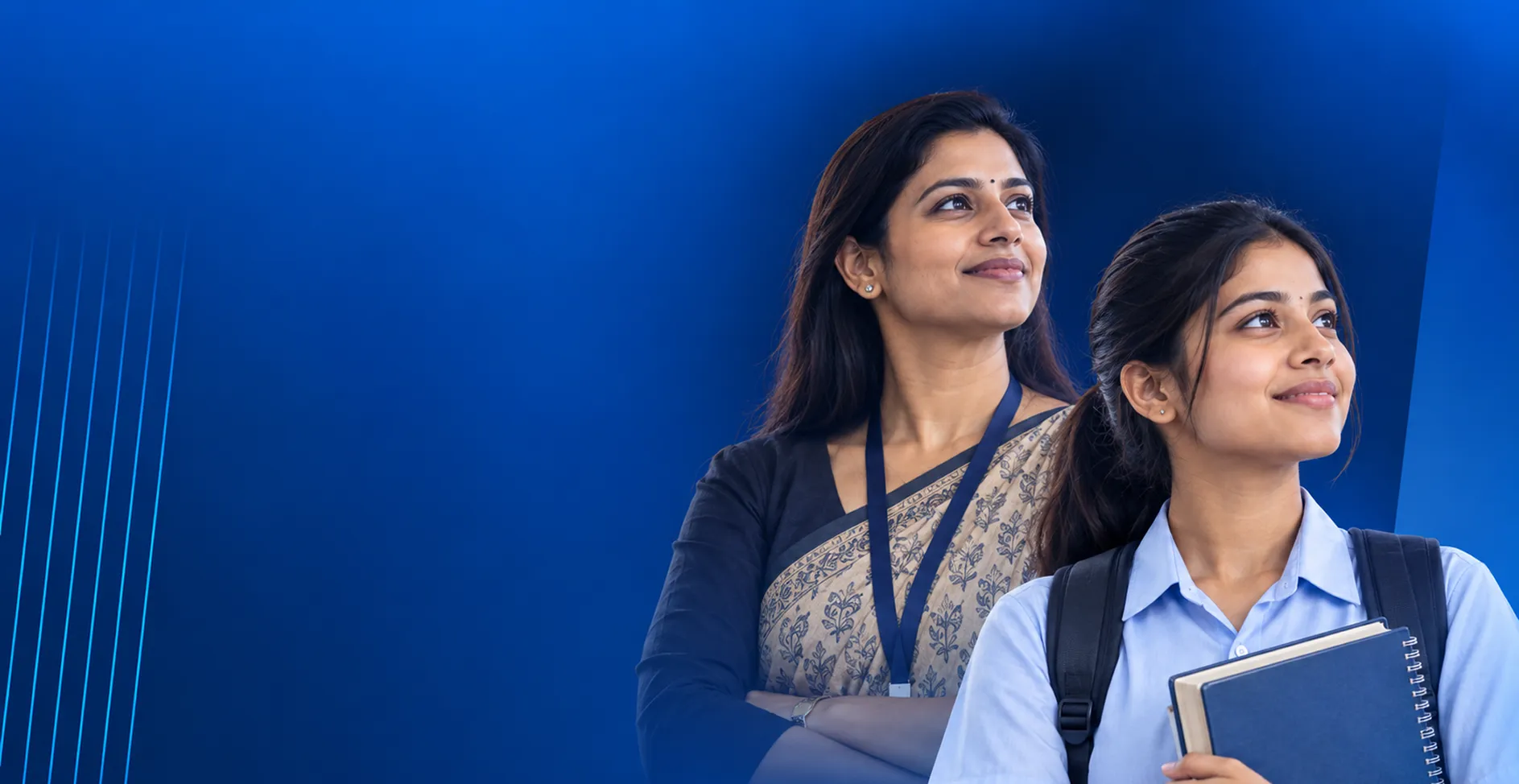 Teacher and student smiling and looking ahead against a blue background
