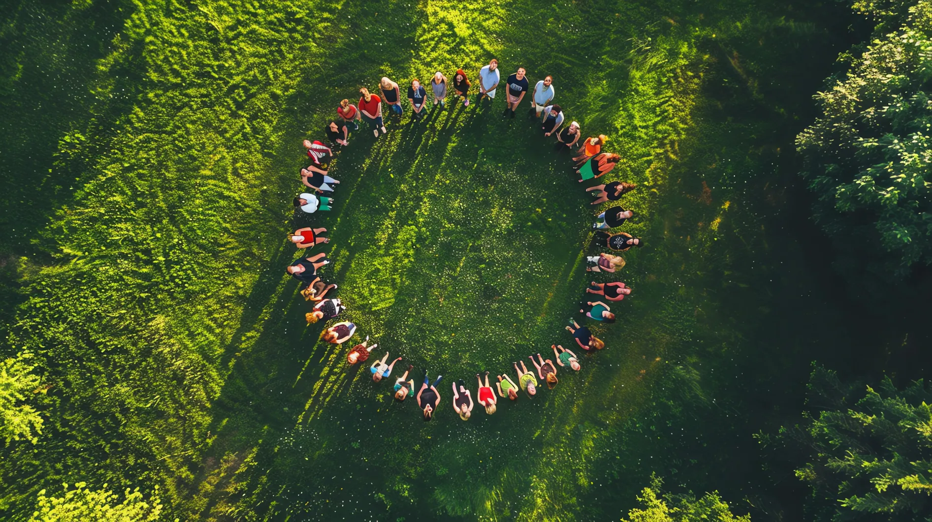 Aerial view of people standing in a circle on a grassy field