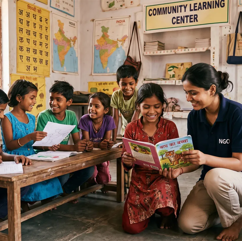 Teacher reading with smiling children in a community learning centre