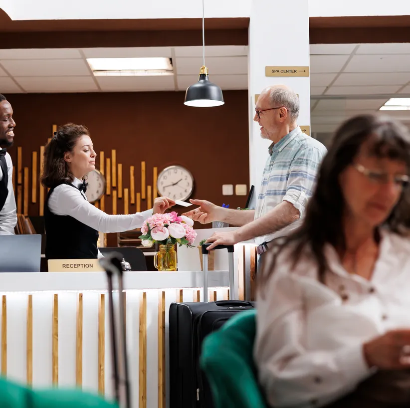 Hotel receptionists handing a key card to a guest at the front desk