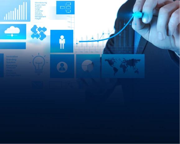Businessman pointing at a glowing blue ERP module interface with an upward graph