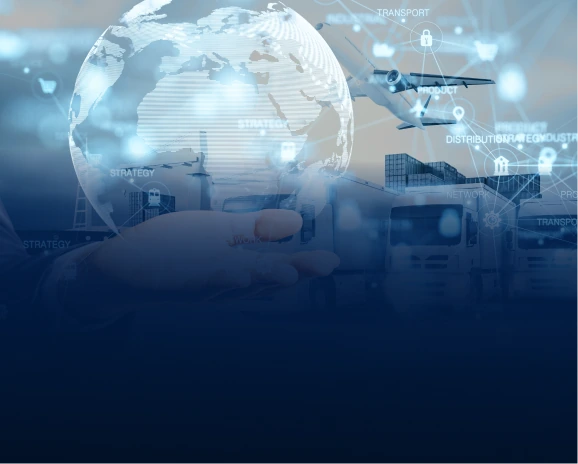 Hand holding a glowing digital globe with transport and distribution icons in the background