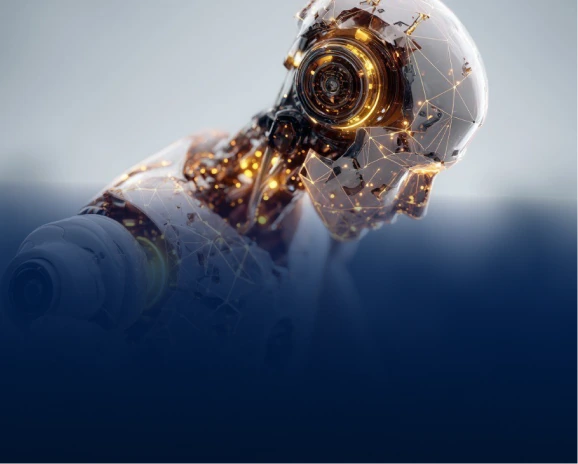 Detailed 3D robotic head with glowing golden neural network connections
