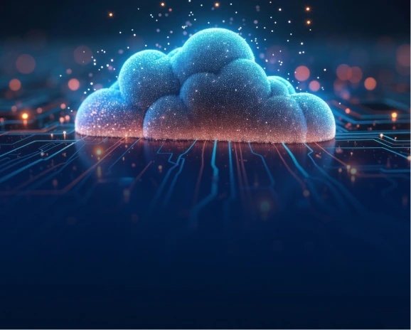 Glowing blue cloud with particle dots on a digital circuit board surface