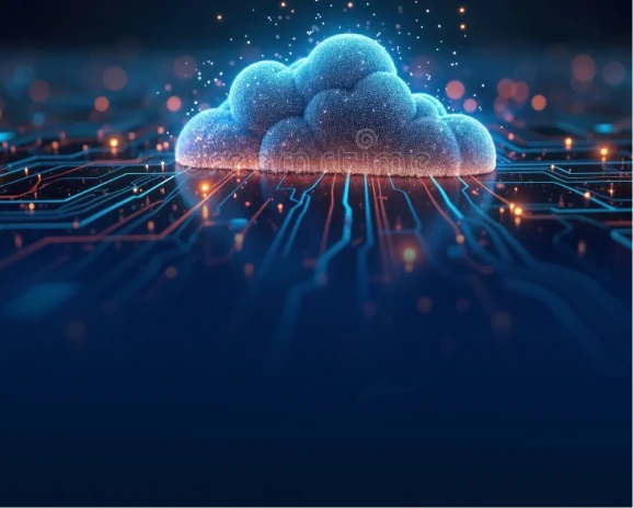 Glowing blue digital cloud with circuit lines on a dark blue circuit board surface