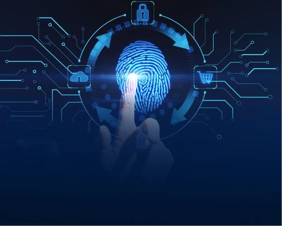 Finger pressing a glowing blue fingerprint scanner with security icons on dark background
