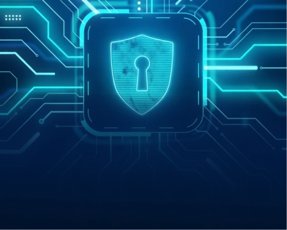 Glowing cyan security shield with keyhole connected to circuit lines on navy background