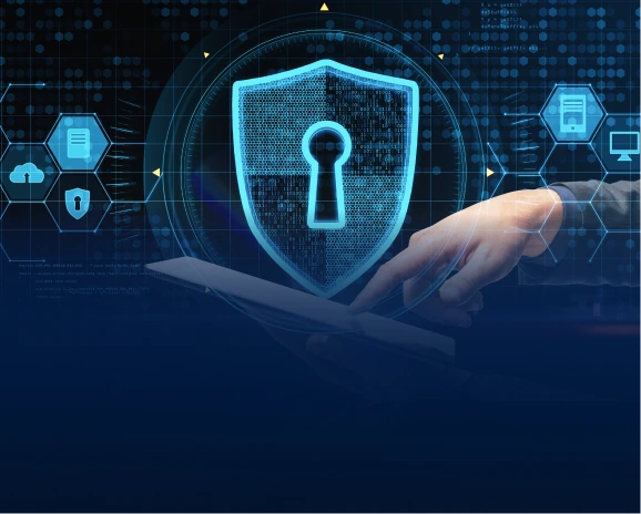 Hand touching a glowing blue security shield on a tablet with cybersecurity icons
