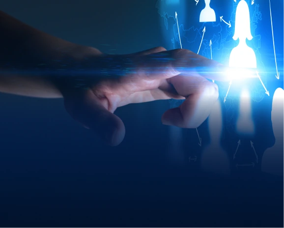 Hand touching a glowing blue digital interface with audience targeting icons