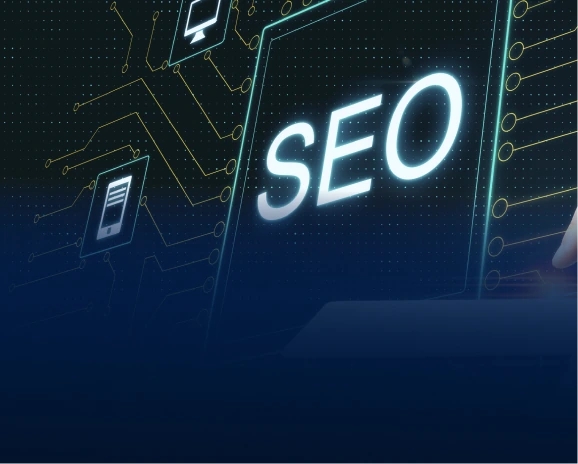 Glowing SEO text on a dark digital circuit board with device icons