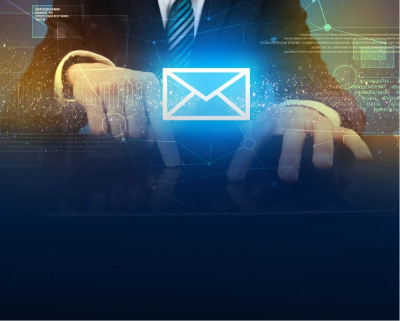 Professional holding hands open with a glowing blue email envelope icon floating between them