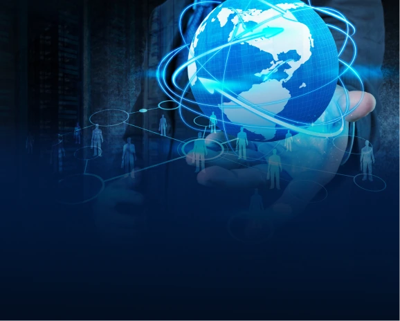 Hand holding a glowing blue globe with connected people icons and orbital rings