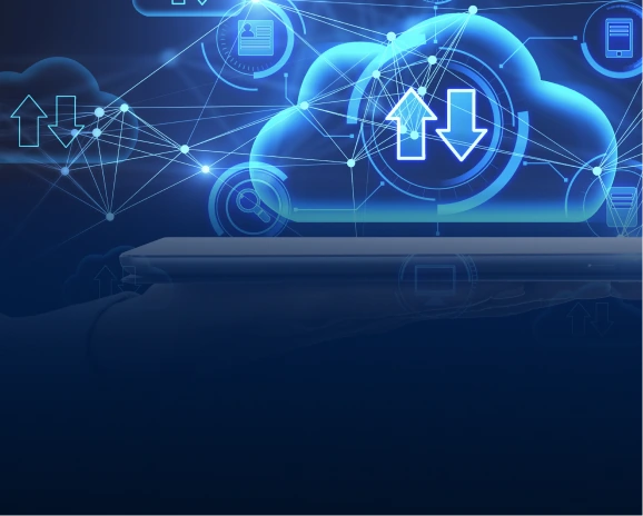 Glowing blue cloud with upload and download arrows connected by data lines