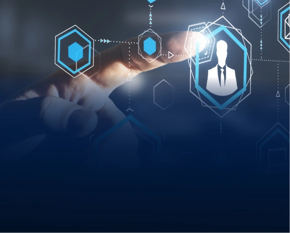 Hand touching a tablet with glowing blue hexagonal container and user icons